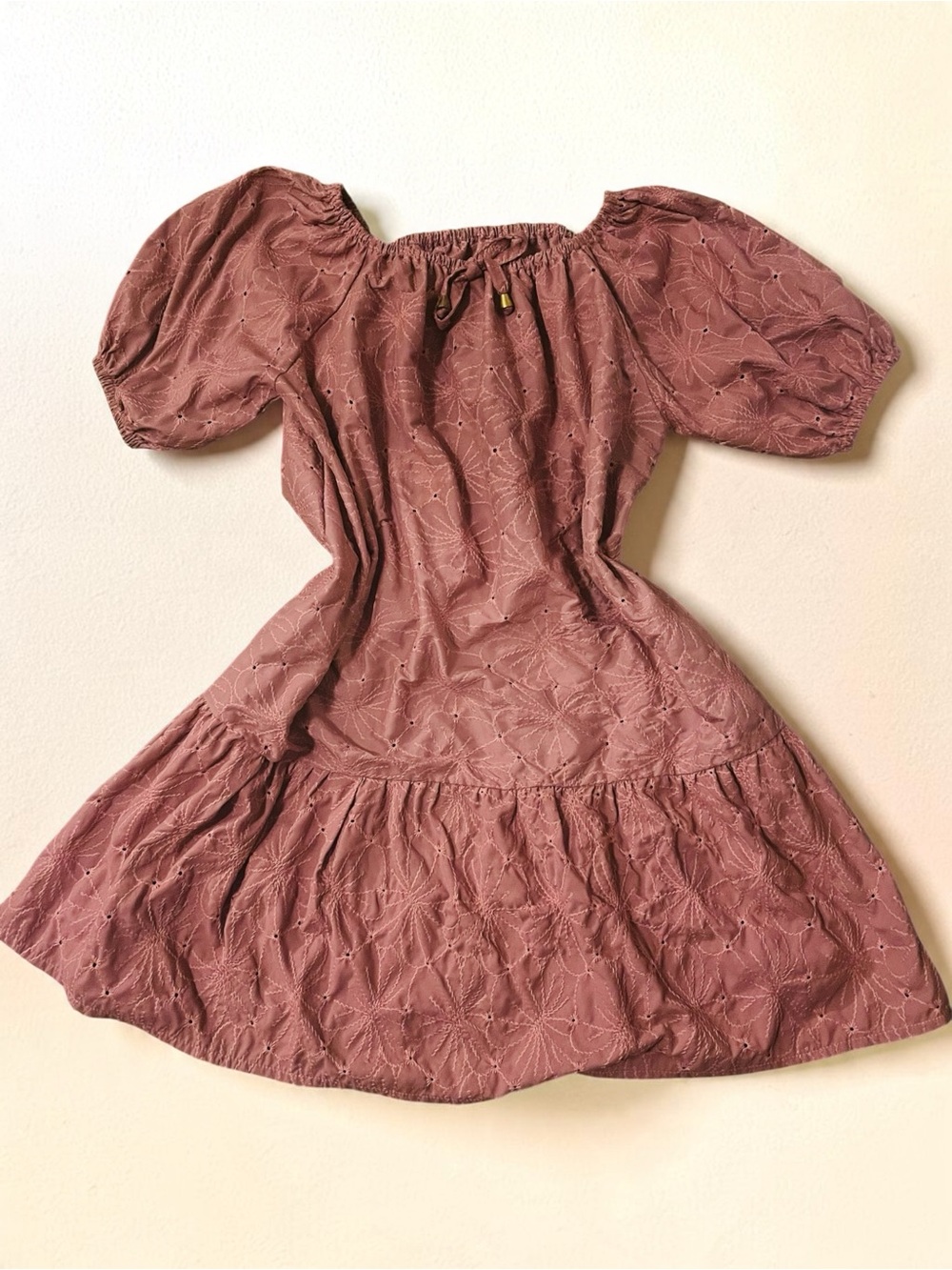 Boho Eyelet Embroidered Off Shoulder Ruffle Mini Dress Dusty Rose Pink L XL